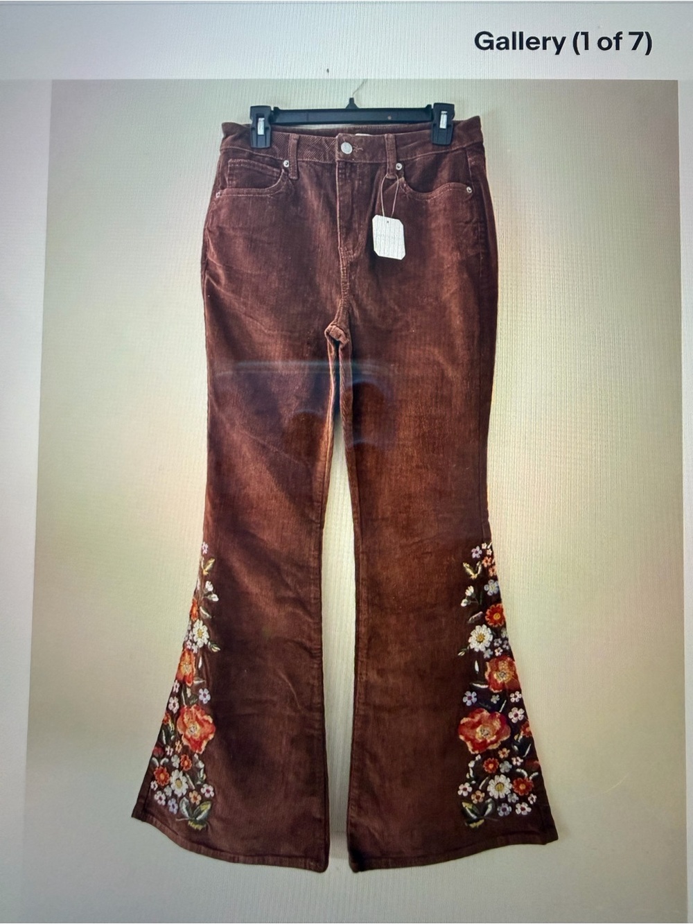 Altar'd State Brown Flared Corduroy Pants with Floral Embroidery
